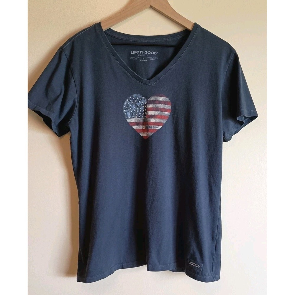 Life Is Good Crusher Tee American Flag Heart Graphic V Neck Blue Large